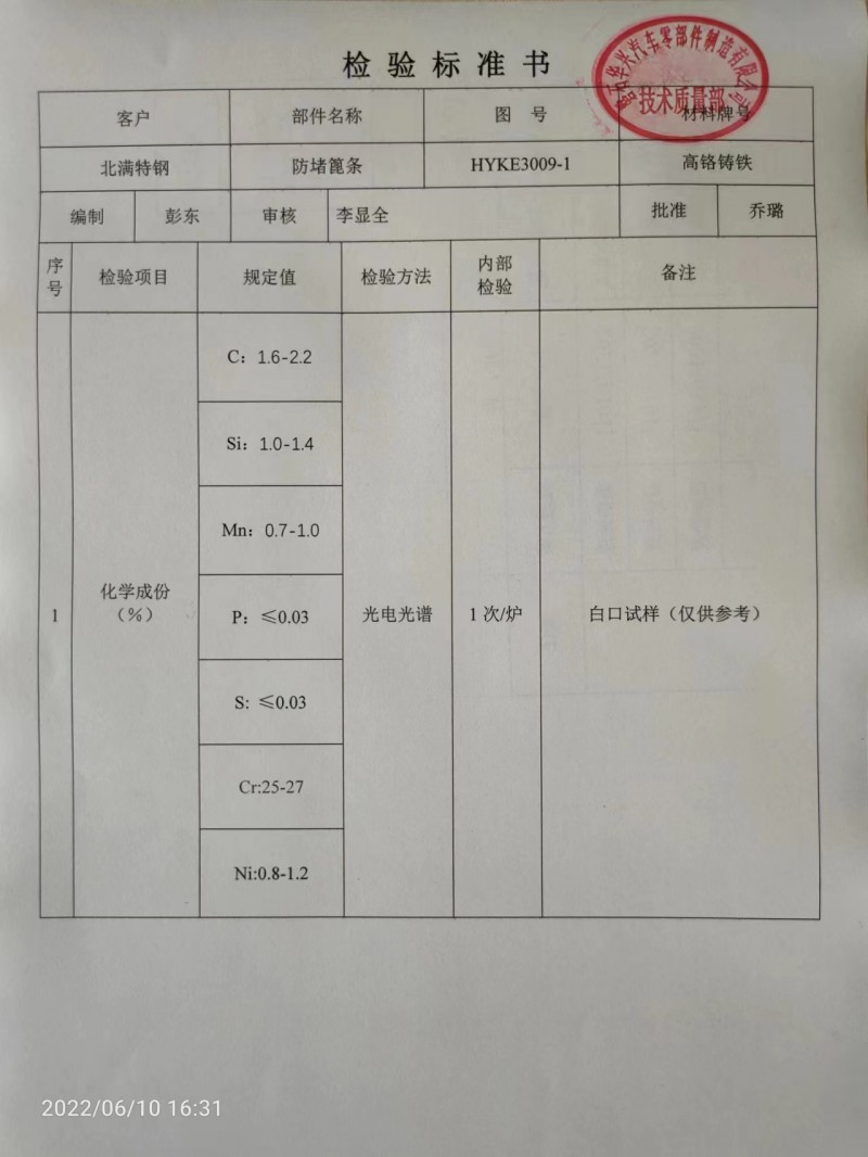 新型防堵篦條檢驗標(biāo)準(zhǔn)書
